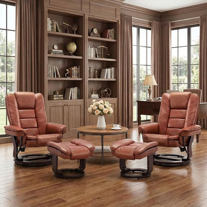 Swivel Recliner Chair with Ottoman Reclining Lounge Sofa Footrest, Set of 2 | 360°Sturdy Wood Base, Soft PU Leather, Upholstered Ultra-Plush Foam, Modern Armchair, Living Room Bedroom Office Reading Home