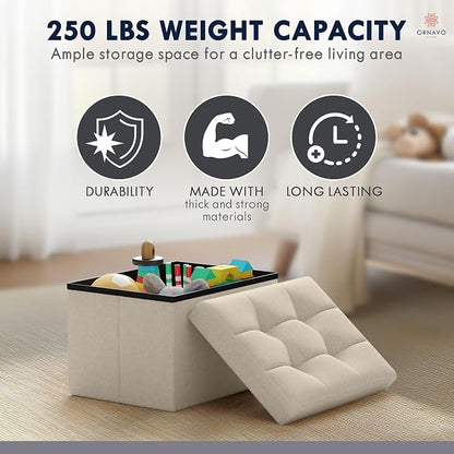 Ornavo Home Small Storage Ottoman, Set of 2, Foldable Collapsible Rectangle Linen Ottoman Foot Rest Stool Seat, for Living Room, Bedroom, Home Office, Dorm - 12 x 16 x 12, Beige