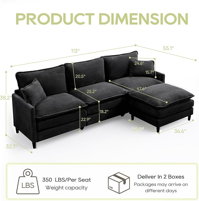 113" Chenille Modular Sectional Sofa, Convertible L Shaped Modular Sofa Comfy Cloud Couch with Ottoman, Side Pockets and 5 Throw Pillows for Living Room (Corduroy Black, 113'' - 4 Seat)