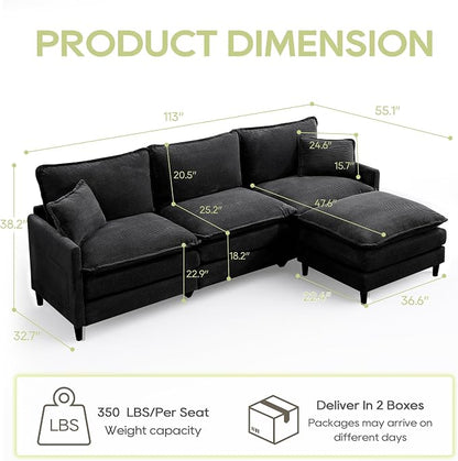 113" Chenille Modular Sectional Sofa, Convertible L Shaped Modular Sofa Comfy Cloud Couch with Ottoman, Side Pockets and 5 Throw Pillows for Living Room (Corduroy Black, 113'' - 4 Seat)