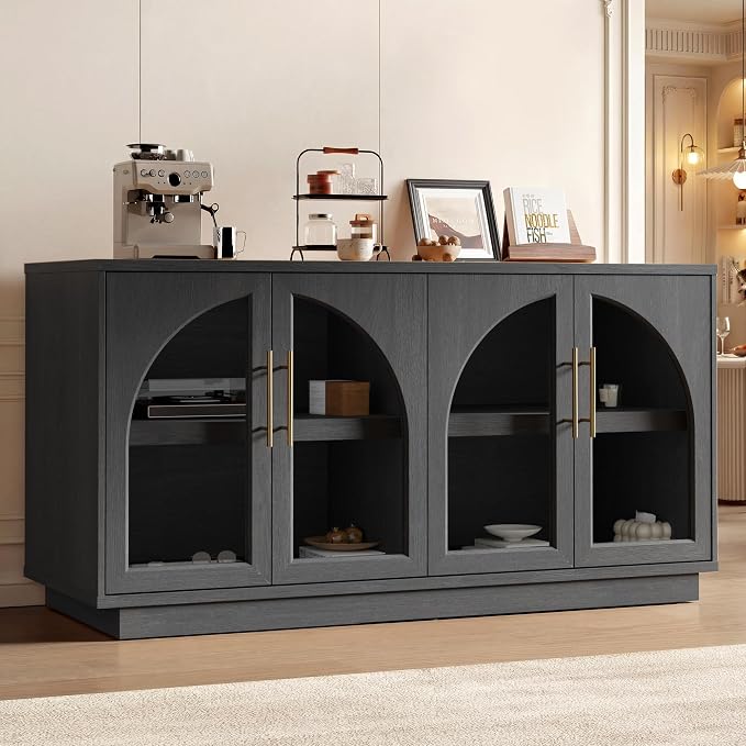 Arden Collection 2-Piece Display & Storage Cabinet Set, Arched Glass Door Sideboard and Tall Pantry Cabinets with LED Lighting, Wine Storage and Charging Station for Dining Room, Coffee Bar,Black Grey