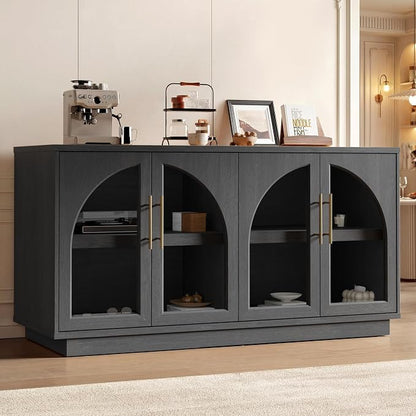 Arden Collection 2-Piece Display & Storage Cabinet Set, Arched Glass Door Sideboard and Tall Pantry Cabinets with LED Lighting, Wine Storage and Charging Station for Dining Room, Coffee Bar,Black Grey