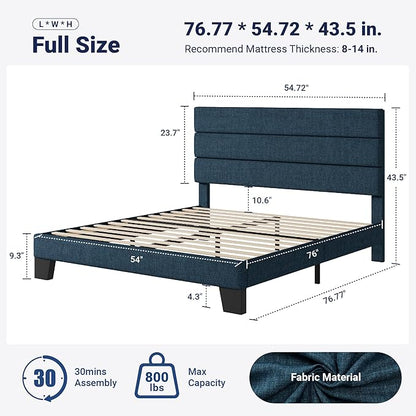 Allewie Full Size Platform Bed Frame with Fabric Upholstered Headboard and Wooden Slats Support, Fully Upholstered Mattress Foundation/No Box Spring Needed/Easy Assembly, Navy Blue