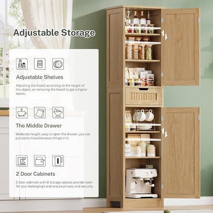Iwell Tall Narrow Storage Cabinet with 1 Drawer and 2 Doors, Fluted Cabinet with Adjustable Shelves, Rattan Kitchen Cabinet for Bathroom, Living Room, Kitchen, Natural Oak