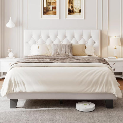 Einhomn Full Upholstered Bed Frame with Headboard, Button Tufted Linen Bed Base, Platform Bed with Wood Slat, Heavy Duty, Easy Assembly, No Box Spring Needed, White
