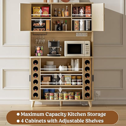 Lulive 71" Tall Pantry Cabinet with Rolling & Sliding Doors, 39" Wide Kitchen Storage Cabinet with Charging Station and Open Countertop, Modern Kitchen Pantry Cabinet for Dining Room, Natrual