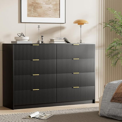 Furniway Black Dresser for Bedroom, Modern Dresser with 8 Drawers and Smooth Slides, Wide Chest of Drawers with Golden Handles for Bedroom, Closet, 15.7" D x 55" W x 37.4" H