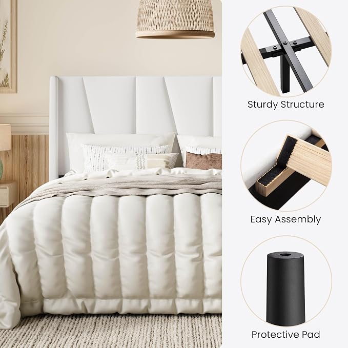 SHA CERLIN Queen Size Velvet Bed Frame with Geometric Wingback Headboard, Upholstered Platform Bed with Wooden Slats Support, 8" Under-Bed Space, No Box Spring Needed, Easy Assembly, White