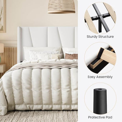 SHA CERLIN Queen Size Velvet Bed Frame with Geometric Wingback Headboard, Upholstered Platform Bed with Wooden Slats Support, 8" Under-Bed Space, No Box Spring Needed, Easy Assembly, White