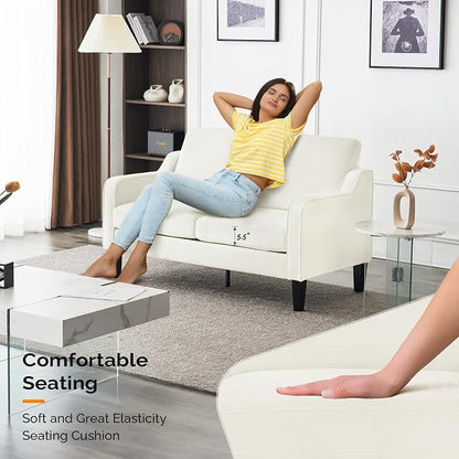 VINGLI Loveseat Mid-Century Modern Loveseat Sofa Couch 53" Wide 2 Seater Sofa Couch Love Seat with Scooped Armrest for Small Spaces, Living Room, Dorm, Bedroom, Apartment (Creamy White)