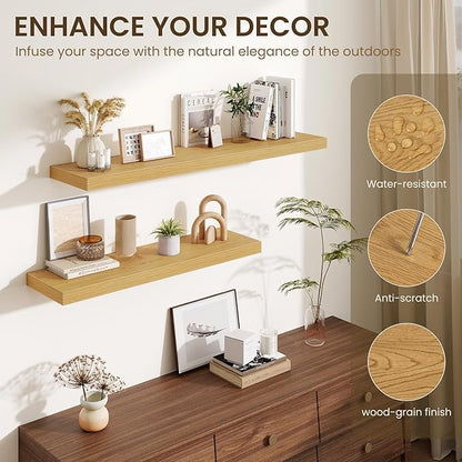 Fun Memories 32 x 10 Floating Shelves Wall-Mounted - Rustic Wood Shelf - 10 Inch Deep Floating Shelves for Wall - Large Storage Shelf for Bathroom - Kitchen & Bedroom - Oak - Set of 3
