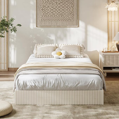 Garvee Twin XL Bed Frame, Wood Platform Bed with Fluted Design, Low Profile BedFrame, Minimalist Bed Base with Noise-Free, Easy Assembly, No Box Spring Needed, Cream