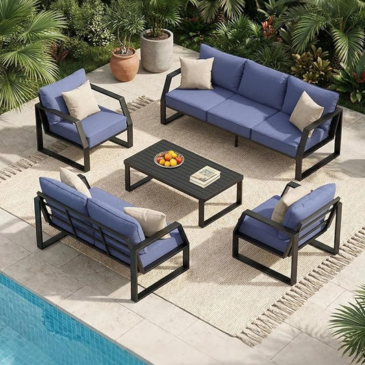 Oversized Modern Outdoor Patio Furniture Set with 5" Thick Cushions, Deep Seats & Wide Armrests, Comfortable Aluminum All-Weather Rustproof UV-Resistant Frame, 7-Seater for Garden, Backyard, Poolside