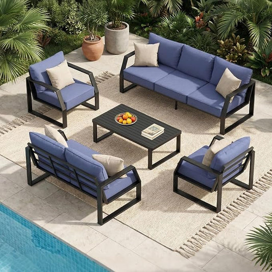 Oversized Modern Outdoor Patio Furniture Set with 5" Thick Cushions, Deep Seats & Wide Armrests, Comfortable Aluminum All-Weather Rustproof UV-Resistant Frame, 7-Seater for Garden, Backyard, Poolside