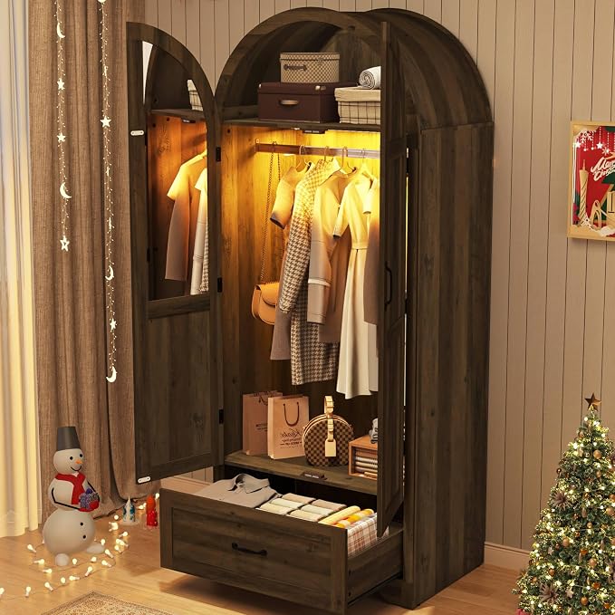 Squireewo 2 Doors Armoire Wardrobe Closet with Doors and Drawers, 71" Farmhouse Arched Wooden Wardrobe Cabinet with Mirror and Lights, Large Armoire Storage Cabinet with Shelves & Hanging Rod,Oak