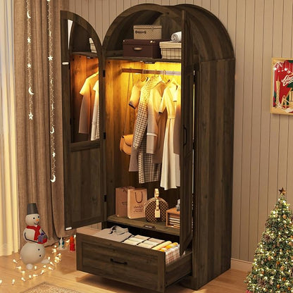 Squireewo 2 Doors Armoire Wardrobe Closet with Doors and Drawers, 71" Farmhouse Arched Wooden Wardrobe Cabinet with Mirror and Lights, Large Armoire Storage Cabinet with Shelves & Hanging Rod,Oak