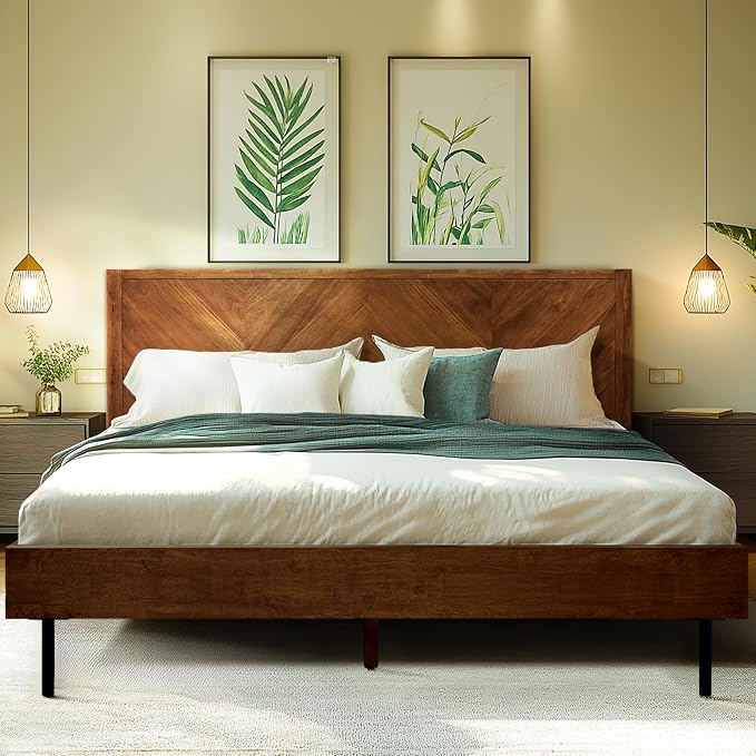 Acacia Alander King Bed Frame and Headboard Solid Wood Platform Bed, Scandinavian Signature Wood Bed Compatible with All Mattress Types, Bed Frame King Bedroom Furniture, Wood Slats Support, Walnut