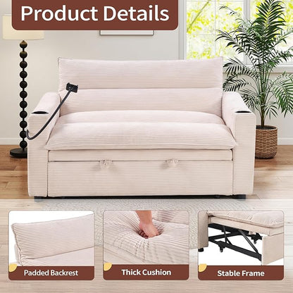 HAOMARKETS 3-in-1 Convertible Loveseat Sleeper Sofa Bed, 2-Seat Pull Out Couch with Cup Holders, Phone Holder and USB Ports, Corduroy 3-Level Adjustable Backrest Couches for Living Room, Beige