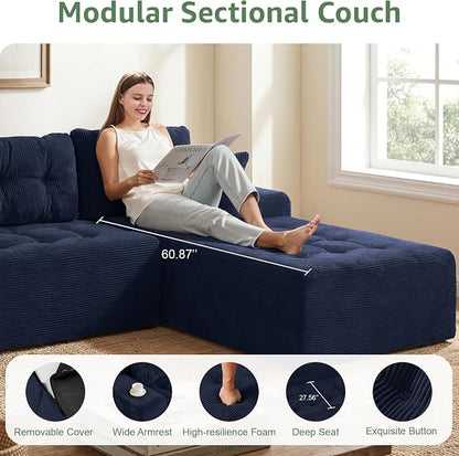 Hobestluk Modular Sectional Sofa Couches L-Shape Couch 3 Seat Modular Sofa Memory Foam Sectional Couches for Living Room, Cloud Couch (Dark Blue Corduroy, 108", Right Hand Facing)
