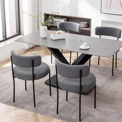 Cinxzar Grey Boucle Dining Chairs Set of 4, Upholstered Dining Room Chairs with Black Metal Legs, Round Modern Dining Chair for Dining Room, Kitchen