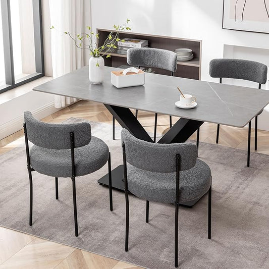 Cinxzar Grey Boucle Dining Chairs Set of 4, Upholstered Dining Room Chairs with Black Metal Legs, Round Modern Dining Chair for Dining Room, Kitchen