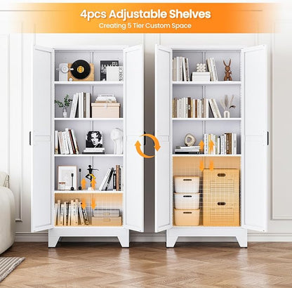 Metal White Storage Cabinet with 2 Doors and 4 Adjustable Shelves, 75" Tall Kitchen Pantry cabinets, Farmhouse Food Pantry Cabinet,5 Tier Freestanding Barn Door Cupboard for Kitchen Dining/Living Room