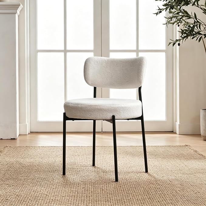 Boucle Dining Chairs Set of 4, White Mid Century Modern Kitchen Dining Room Chairs with Curved Backrest and Metal Frame, Round Upholstered Dining Chairs for Kitchen, Living Room