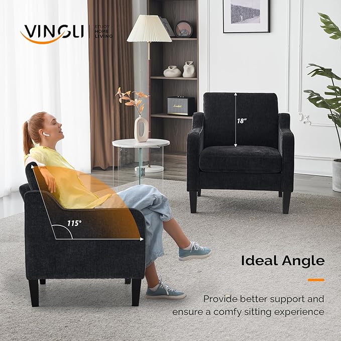 VINGLI Mid-Century Modern Accent Chair, Black Chenille, 30" (W) x 30.7" (D) x 33" (H), 1 Seat, 380 lbs Weight Capacity