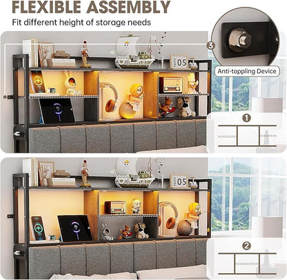 54.8" Tall King Size Headboard with 3-Tier Storage Shelves, Linen Upholstered Head Board with USB & Type C Port & LED Light, Soft Backrest for King Size Bed,Sturdy Headboard Only