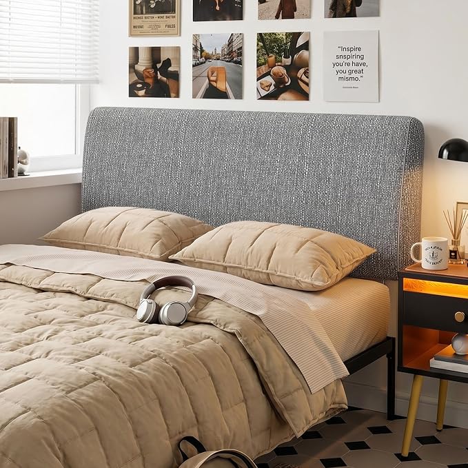 4.7” Upholstered Headboard for Full Size Bed, No Drill Needed, 5 Min Assembly, Headboard for 8–14 Inch Mattress, Perfect for Renters Dorm Kids Pet, Linen Gray