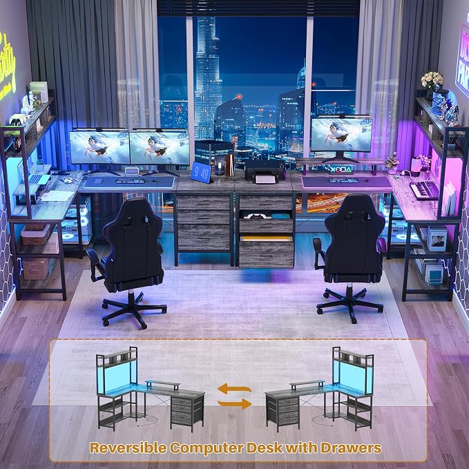 Aheaplus L Shaped Desk with Hutch, Gaming Desk with Led Lights, Reversible Computer Desk with Power Outlet, Corner Desk with File Drawer & Monitor Stand, Storage Shelves for Home Office, Black Oak