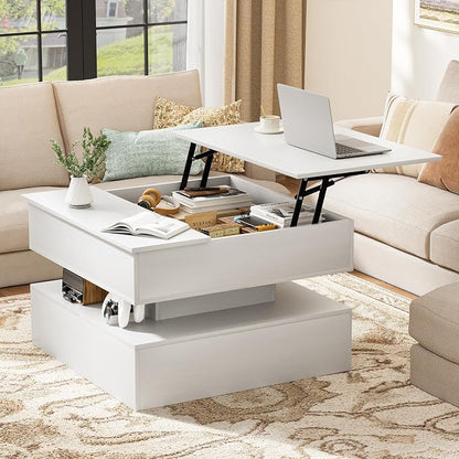 FABATO Lift Top Coffee Table with Storage and Hidden Compartment, Wood Square Coffee Table for Living Room, 31.5'' Small Center Table with Open Display Shelf for Dining Reception Room, White