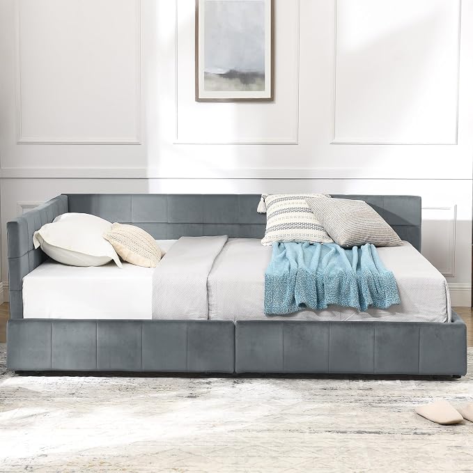 Bellemave Full Size Corner Bed Frame with Storage Drawers, Comfortable Backrest and Armrests, Velvet Tufted Corner Bed Frame Full Size, Upholstered Daybed for Bedroom, Living Room, Guest Room, Gary