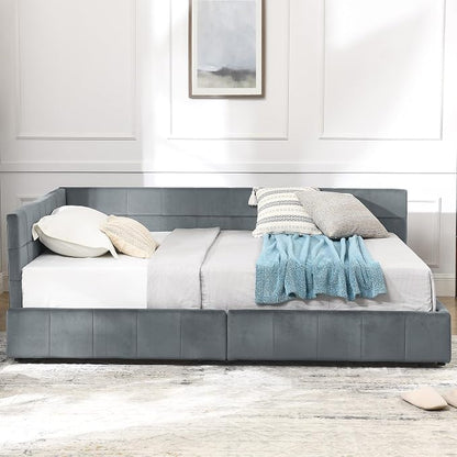 Bellemave Full Size Corner Bed Frame with Storage Drawers, Comfortable Backrest and Armrests, Velvet Tufted Corner Bed Frame Full Size, Upholstered Daybed for Bedroom, Living Room, Guest Room, Gary