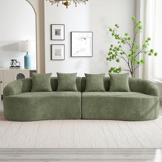 110" Boneless 4 Seater Sofa Couch, Modern Oversized Curved Cloud Sofa, Chenille 4-Seater Deep Seat Sectional Couches for Living Room, No Assembly, Green