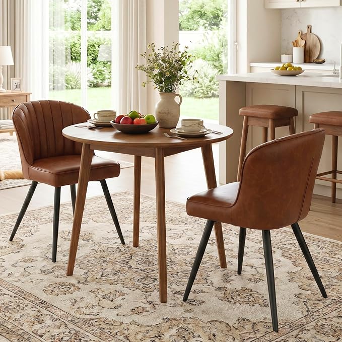 ROCITY Brown Dining Chairs Set of 2 Leather Dining Room Chairs with Back Mid Century Modern Accent Chairs Armless Upholstered Side Chairs for Kitchen/Dining Room/Living Room