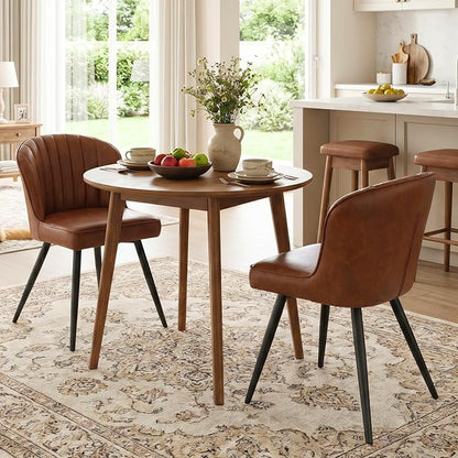 ROCITY Brown Dining Chairs Set of 2 Leather Dining Room Chairs with Back Mid Century Modern Accent Chairs Armless Upholstered Side Chairs for Kitchen/Dining Room/Living Room