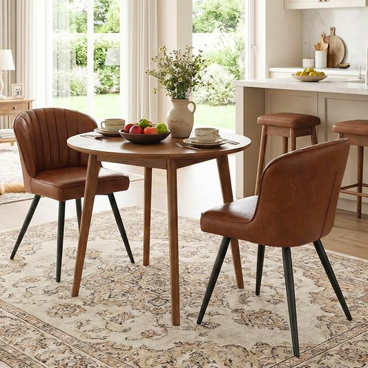 ROCITY Brown Dining Chairs Set of 2 Leather Dining Room Chairs with Back Mid Century Modern Accent Chairs Armless Upholstered Side Chairs for Kitchen/Dining Room/Living Room