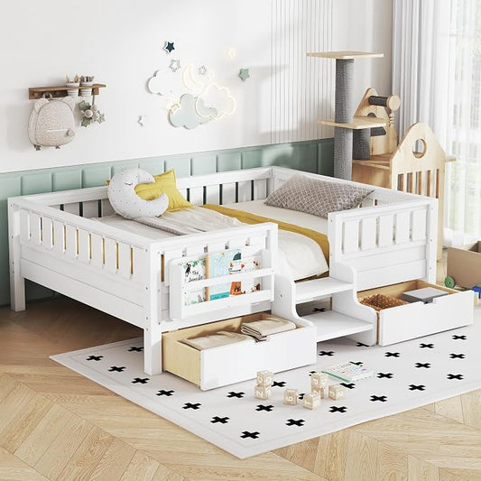 Bellemave Full Size Kids Montessori Bed with Stairs and Bookshelf,Solid Wood Full Size Kids Bed Frame with Drawers and Storage for Girls Boys,Low-Profile,White