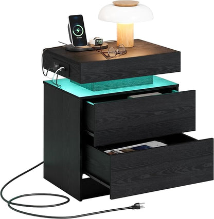 LIKIMIO Nightstand with Charging Station LED Light and 2 Drawers Black | bedside table; end table; charging station; LED light; 2 drawers; black wood grain; small spaces
