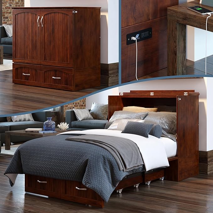AFI, Southampton Murphy Bed Chest Twin XL with 6" Mattress, Storage Drawer & Built-in USB Charger, Walnut