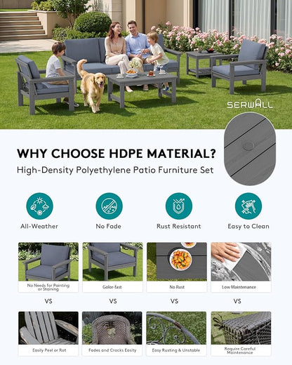 SERWALL HDPE Patio Furniture Set, 7-piece Outdoor Sectional Sofa Set, All Weather Outdoor Couch Set for Deck, Lawn, Grey Frame with Grey Cushion