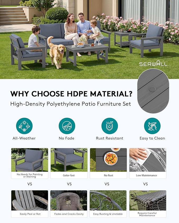 SERWALL HDPE Patio Furniture Set with 15FT Patio Umbrella, 7-piece Outdoor Sectional Sofa Set, All Weather Patio Couch Set for Deck, Gray &Gray (Umbreall Base not Included)