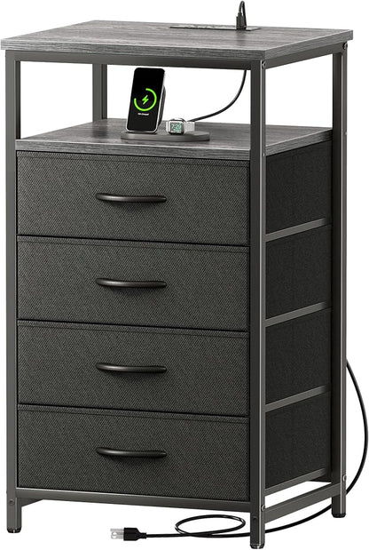 Huuger Night Stand with Charging Station, 4 Drawer Dresser for Bedroom, Bedside Table, 33.9 Inch Tall Nightstand with Open Shelf, End Table, for Closet, Entryway, Bedroooom, Gray