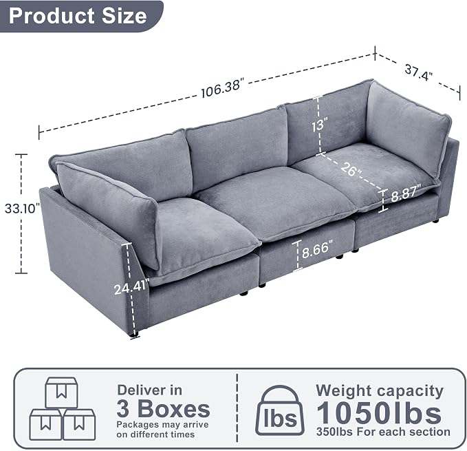 Iroomy Modular Sectional Sofa, Oversized Chenille Cloud Couch, Deep Comfy Seat, 3-Seater Sofas Couches for Living Room, Dusty Blue