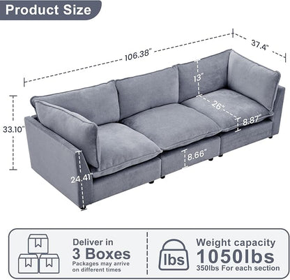Iroomy Modular Sectional Sofa, Oversized Chenille Cloud Couch, Deep Comfy Seat, 3-Seater Sofas Couches for Living Room, Dusty Blue