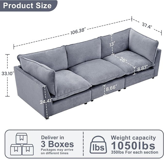 Iroomy Modular Sectional Sofa, Oversized Chenille Cloud Couch, Deep Comfy Seat, 3-Seater Sofas Couches for Living Room, Dusty Blue