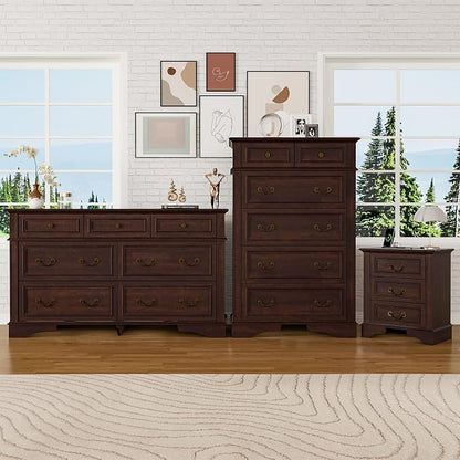 Farmhouse Dresser and Nightstand Sets, 6-Drawer with 7 Drawer Dresser & 3 Drawer Nightstand Sets, 3 Pieces Rustic Wood Bedroom Furniture Set for Home, Bedroom, Hallway(Dark Brown)