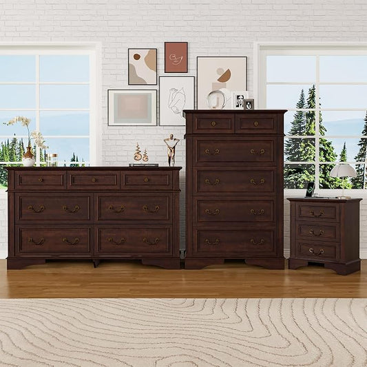 Farmhouse Dresser and Nightstand Sets, 6-Drawer with 7 Drawer Dresser & 3 Drawer Nightstand Sets, 3 Pieces Rustic Wood Bedroom Furniture Set for Home, Bedroom, Hallway(Dark Brown)