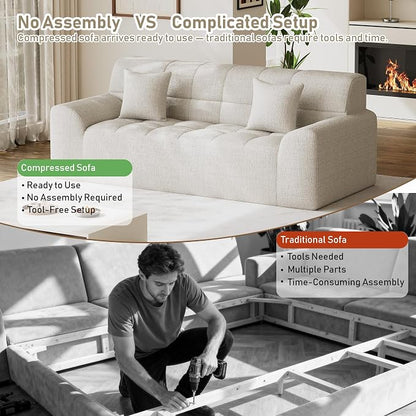 91.5" Modern Boneless Couch for Living Room, Comfy Cloud Sectional Sofa with Deep Seat, Chenille Love Seat Oversized Upholstered 3-Seater Sofa, No Assembly Required Tufted Sofas, Beige White